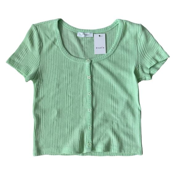 Elodie Women’s Medium Green Waffle Knit Button Crop Top NWT - Picture 1 of 7